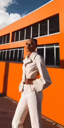 a woman standing next to an orange wall wearing white pants and jacket