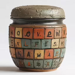 a pot with lots of words and letters written on it