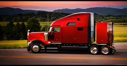 a red truck is on the road in front of trees,a big red semi truck traveling down a road