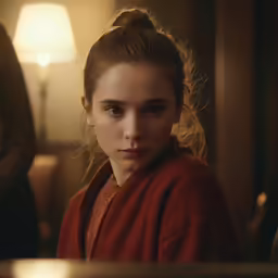 a girl with a serious look in a sweater