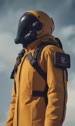 man in space suit standing in the sun wearing a helmet