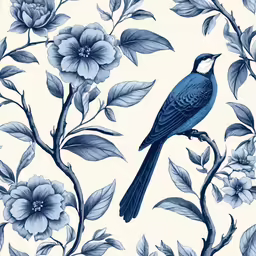 blue bird on branch with flowers and leaves pattern on white background