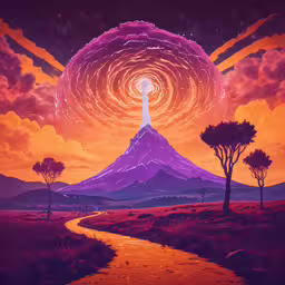 a psychedelic view of an volcano in the sky with a yellow trail leading to the entrance,a drawing of a man standing on top of a mountain under an open moon