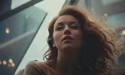 a woman with long hair looks up from her shoulder