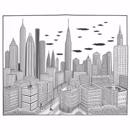 a pen drawing of the city,an illustration of a cityscape with skyscrapers,black and white image of a cityscape with buildings,a drawing of a city with tall buildings and lots of clouds,a pencil drawing of the skyline in black and white