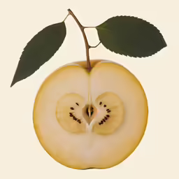 two apples with leaves cut in half