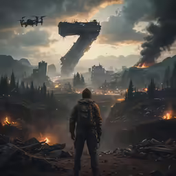 a man looking at an airplane in the air, with flames coming out