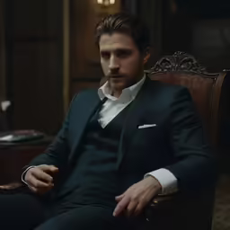 a man in a black suit and tie sitting on a brown chair
