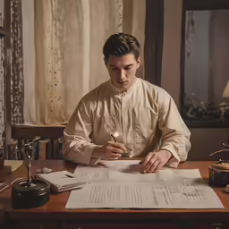 a man in a suit writing down some papers