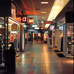 the shoppers are walking down the wide mall,a shopping mall with lights all over it