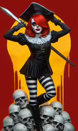a creepy looking redhead with red hair, black and white makeup, and full legs, holds a sword and skulls