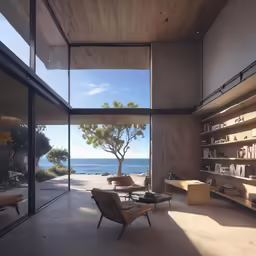 the living room with windows looking out on the water