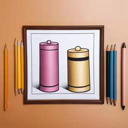 art displayed with pencils on a brown background