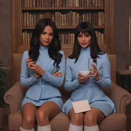 two women dressed in blue posing for the camera