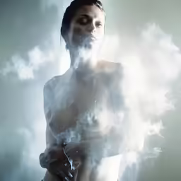 nude woman in smoke against the sky with only her underwear exposed