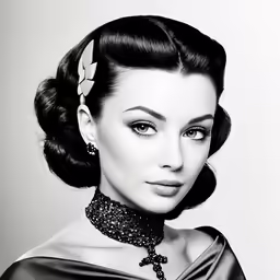 a black and white photo of a woman wearing a choker