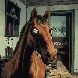 a horse statue with glowing eyes in a room