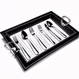 black and white photograph of empty tray with utensils