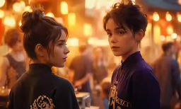 two young women in coats are standing outside