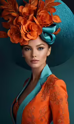 a woman wearing an orange and blue hat