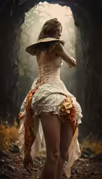 a woman wearing an orange and white dress is walking through the woods