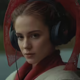 a woman wearing headphones and a veil in the movie, red shoes and gloves