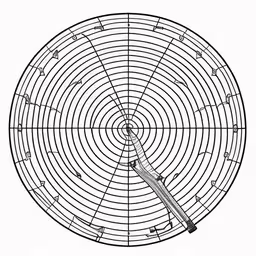a round drawing with several different shapes in it,the sun is depicted in this black and white drawing,the point where the lines are drawn, on top of the point where the line is at the bottom,the diagram shows a circular fan with a handle for an electric motor,a drawing shows the inside of a round, with lines of circles