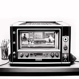 a black and white photo of an old tv