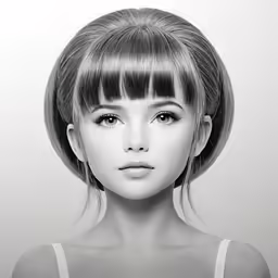 a woman with bangs and bangs is wearing a white top