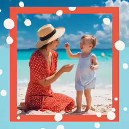 a woman in a straw hat and a baby