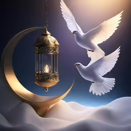 two doves flying past a lantern in the snow