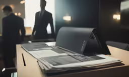 two men standing in an office, looking at documents on a desk