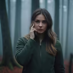 a woman standing outside in the woods talking on her cell phone