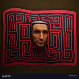 a sculpture of a face is pictured in the center of a red and black square