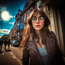 a woman standing on the sidewalk by a city street