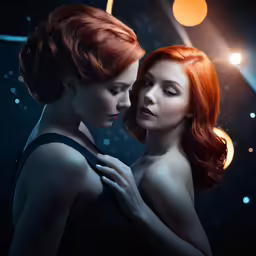 two red headed women dressed in black staring at each other