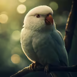 a white parrot with a black head and red beak on a tree branch