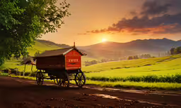 a wagon pulled by horses with a trailer on the back,a red horse drawn carriage going down a rural road at sunset
