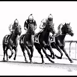 four people are racing horses in a horse race