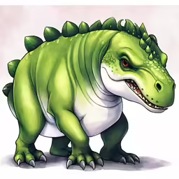 a green dinosaur with sharp teeth and sharp claws