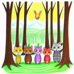 a group of cartoon animals in the woods