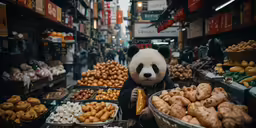 a large teddy bear is in a market with many food
