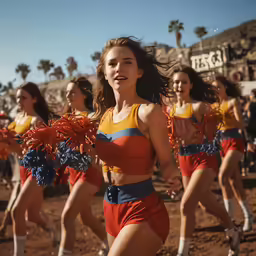 a group of cheerleaders walking together and wearing colorful outfits