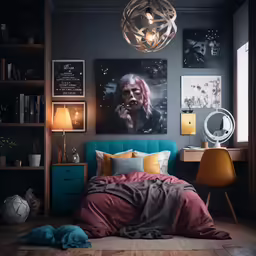 bedroom with a painting on the wall and pictures above bed