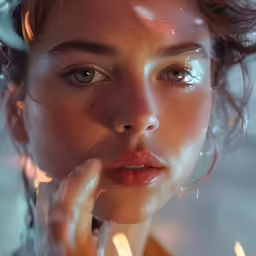 a young woman using a shower head and spraying her face with water