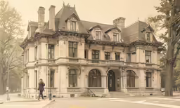 an old fashioned building sits on the corner of a street