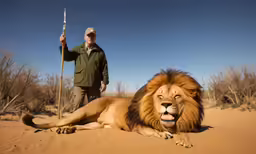 man and lion with stick in desert area with blue sky