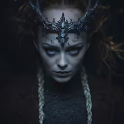 a girl with blue eyes and horns stares directly into the camera