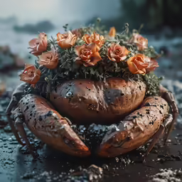 a crab sitting on its hind legs with flowers inside
