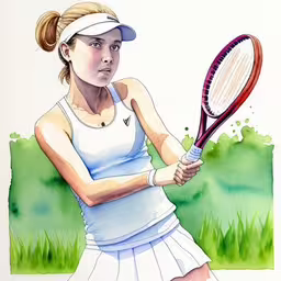 a woman tennis player poses with her racket,a watercolor of a girl playing tennis,an image of a female tennis player,a watercolor painting of a tennis player holding a racket,a watercolor drawing of a woman with a racket